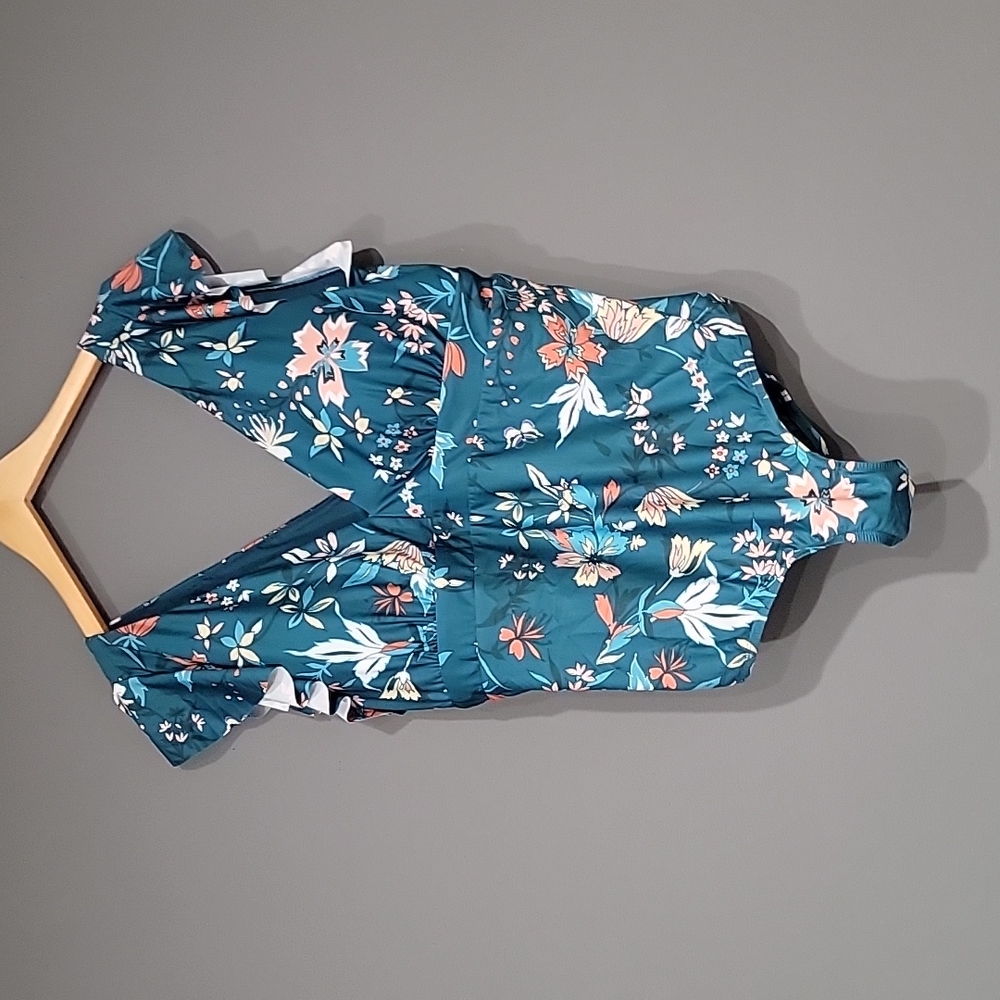 ModCloth Teal Floral V‑Neck One‑Piece Swimsuit with Coral and White Blossoms